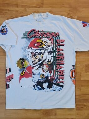Vintage Bulletin Athletics Chicago Blackhawks NHL AOP 90s White XL T-shirt